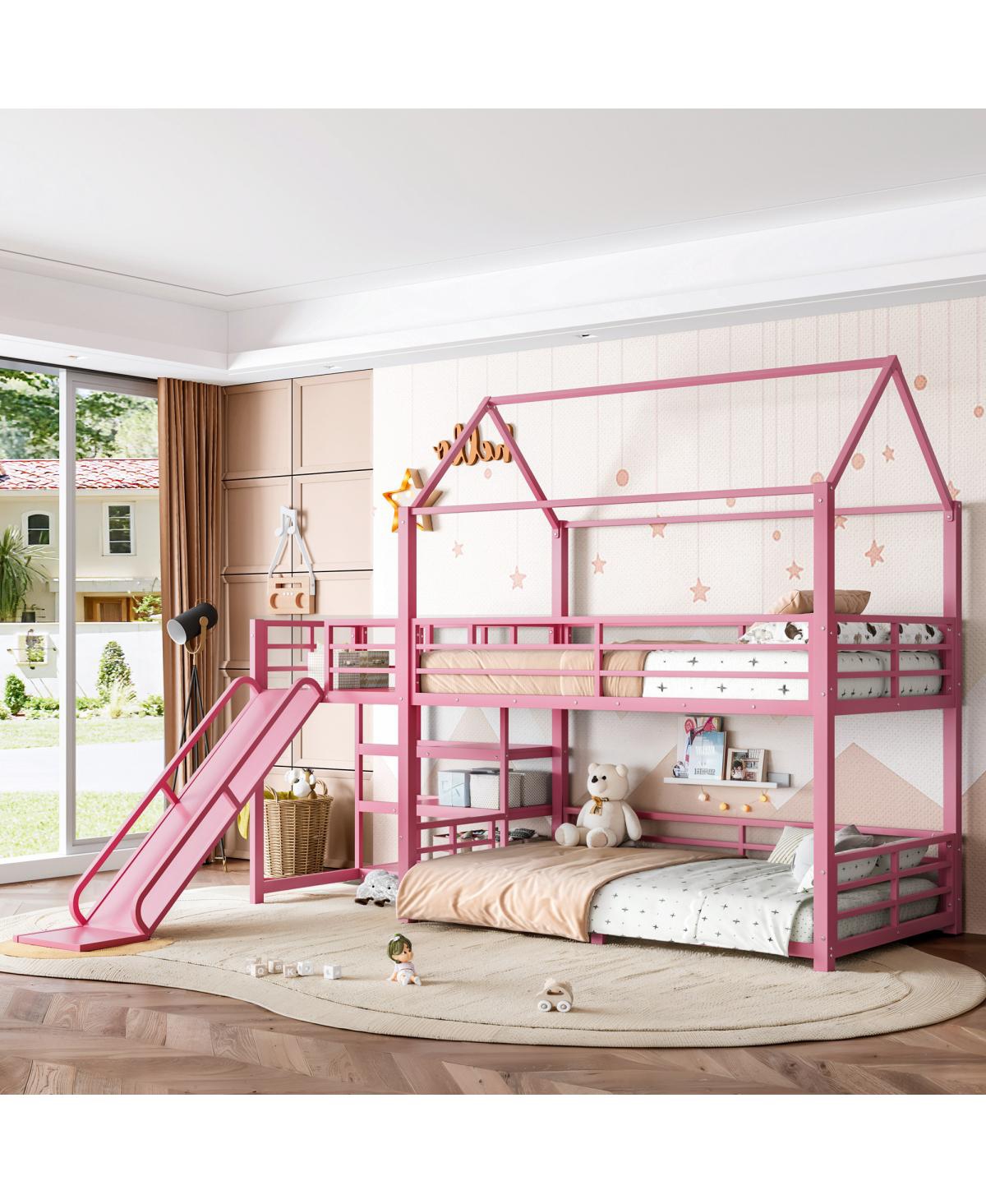 Streamdale Furniture Twin metal House Bunk Bed with Storage Stairs, Slide, Safety Rails