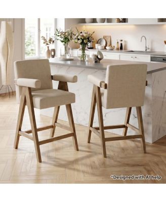 Set of 2 Mid-Century Modern Counter Height Bar Stool with Arms, Solid Wood Frame, Upholstered Full Back, Footrest