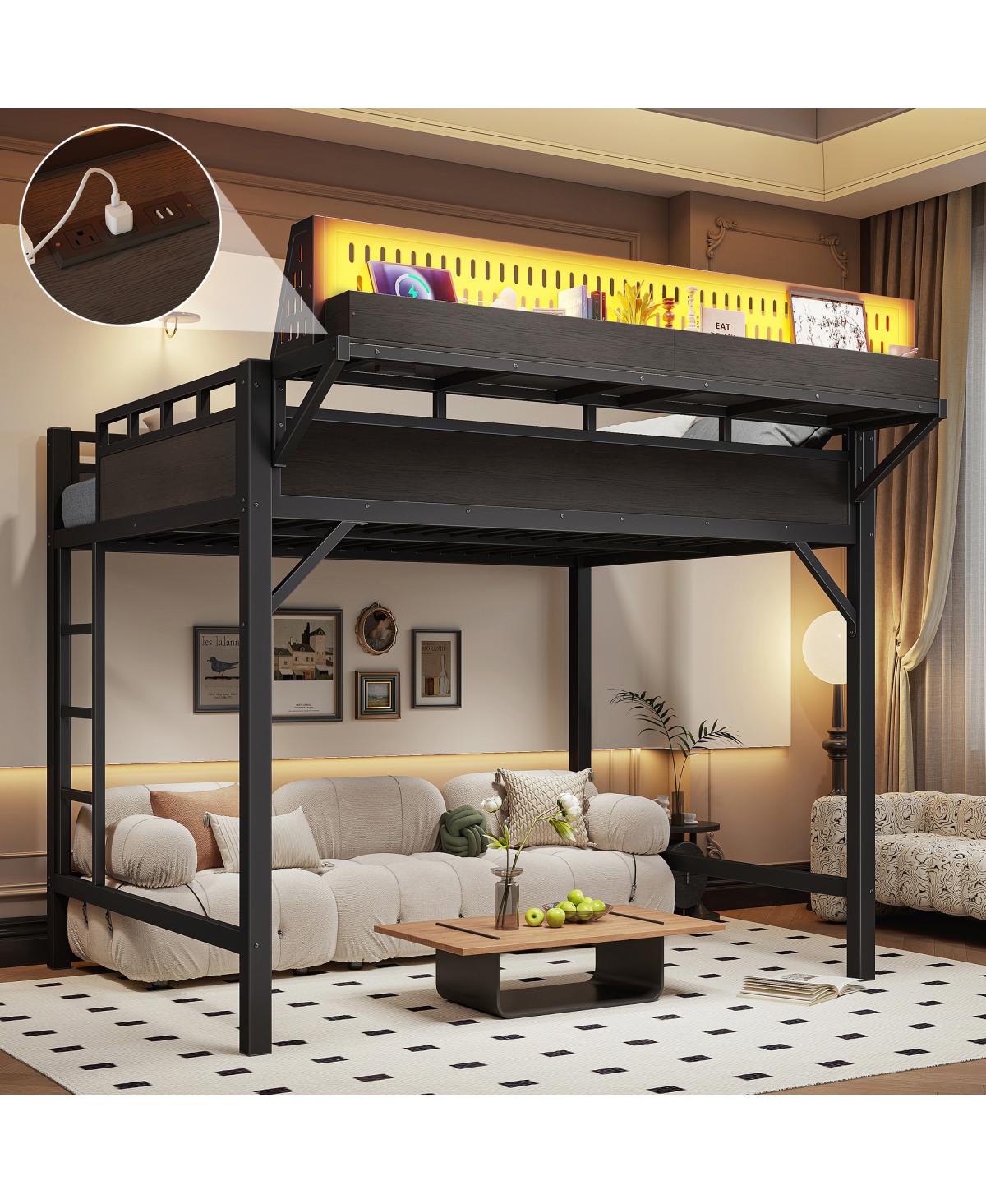 Streamdale Furniture Full Loft Bed with Storage, Pegboard, Usb Ports, and Led Lights