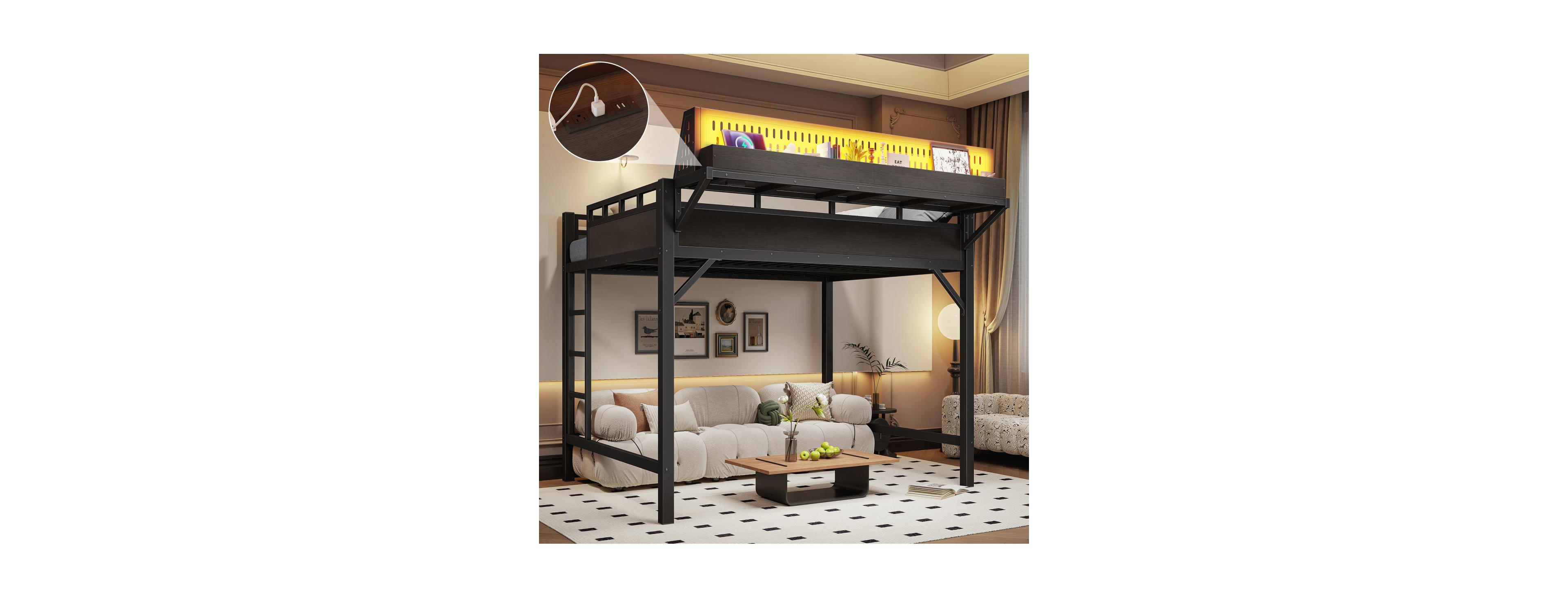 Streamdale Furniture Full Loft Bed with Storage, Pegboard, Usb Ports, and Led Lights