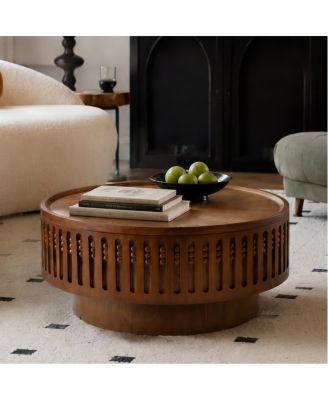 31.3" Round Boho Coffee Table with Flip-Top Hidden Storage