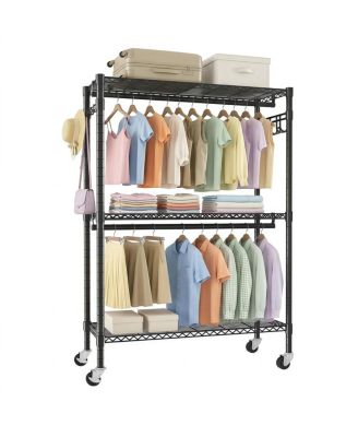 Heavy Duty 3-Tier Rolling Garment Rack with Double Rods and Side Hooks