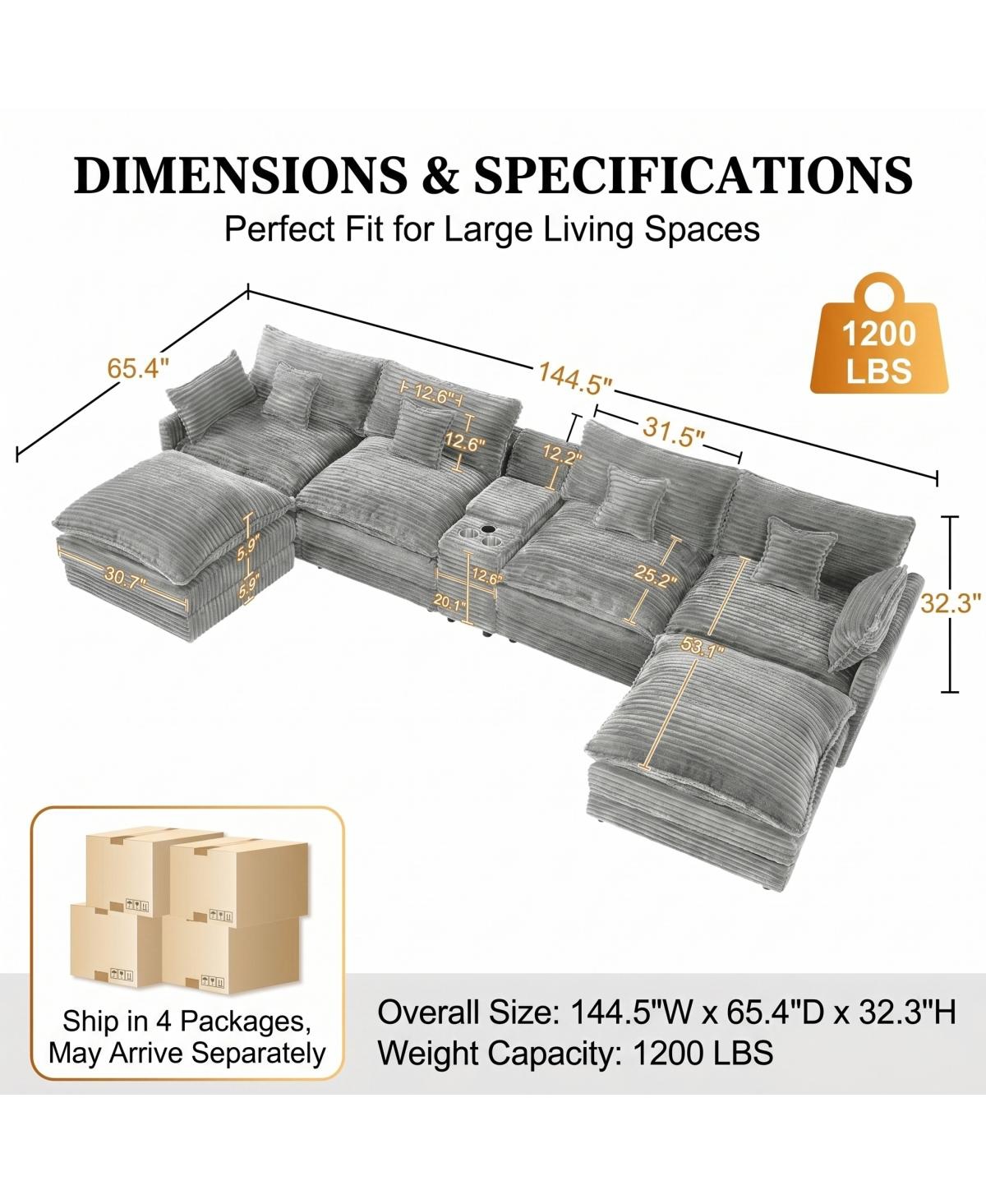 Streamdale Furniture 145" U-Shaped Oversized Corduroy Modular Sectional Sofa with Usb Port