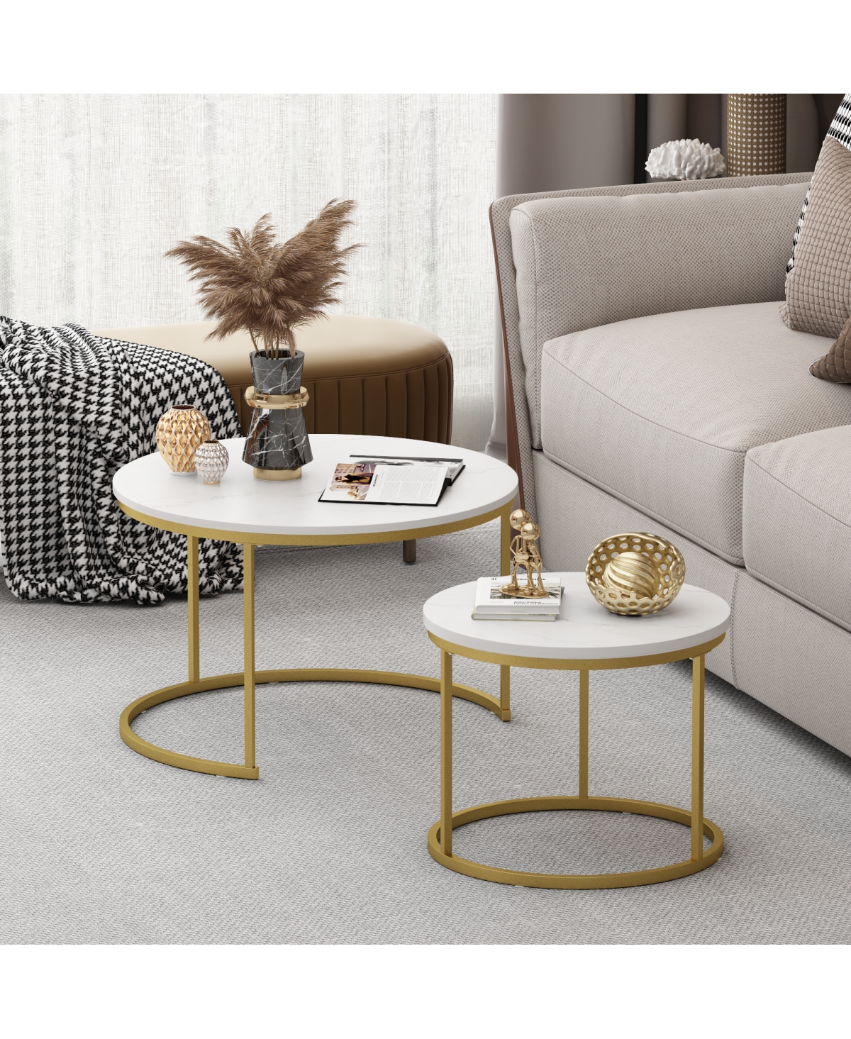 Streamdale Furniture 27.6in Round Nesting Coffee Table Set of 2, Wood Marble Top with Metal Frame