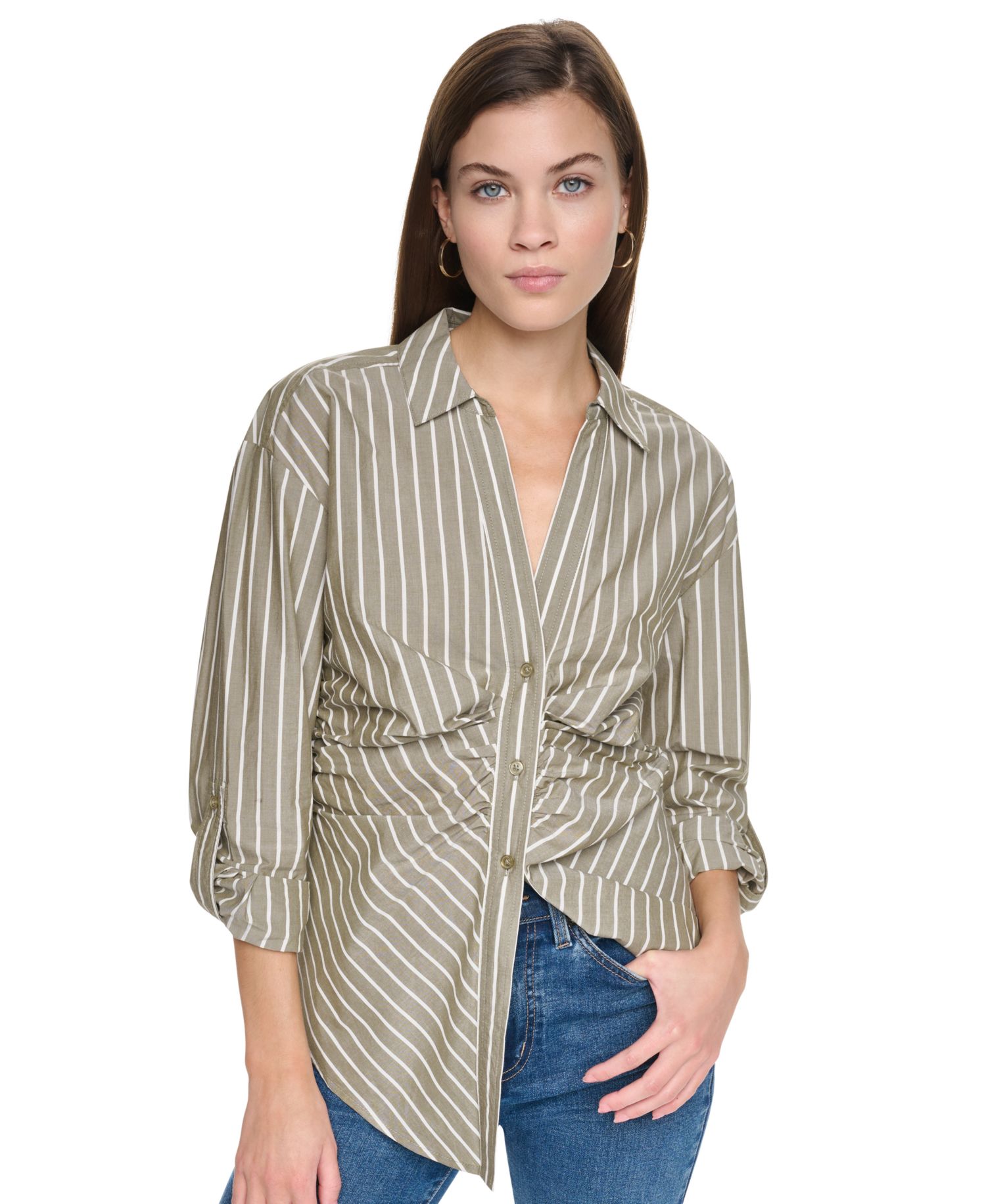 Women's Ruched Roll-Tab Sleeve Blouse