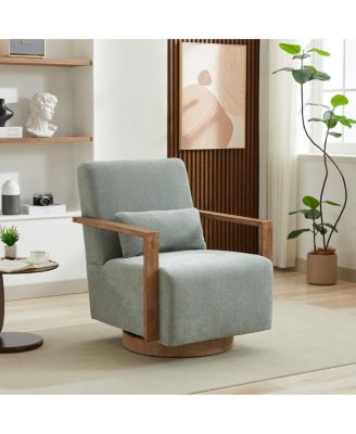  Modern Swivel Upholstered Accent Chair with Solid Wood Armrests