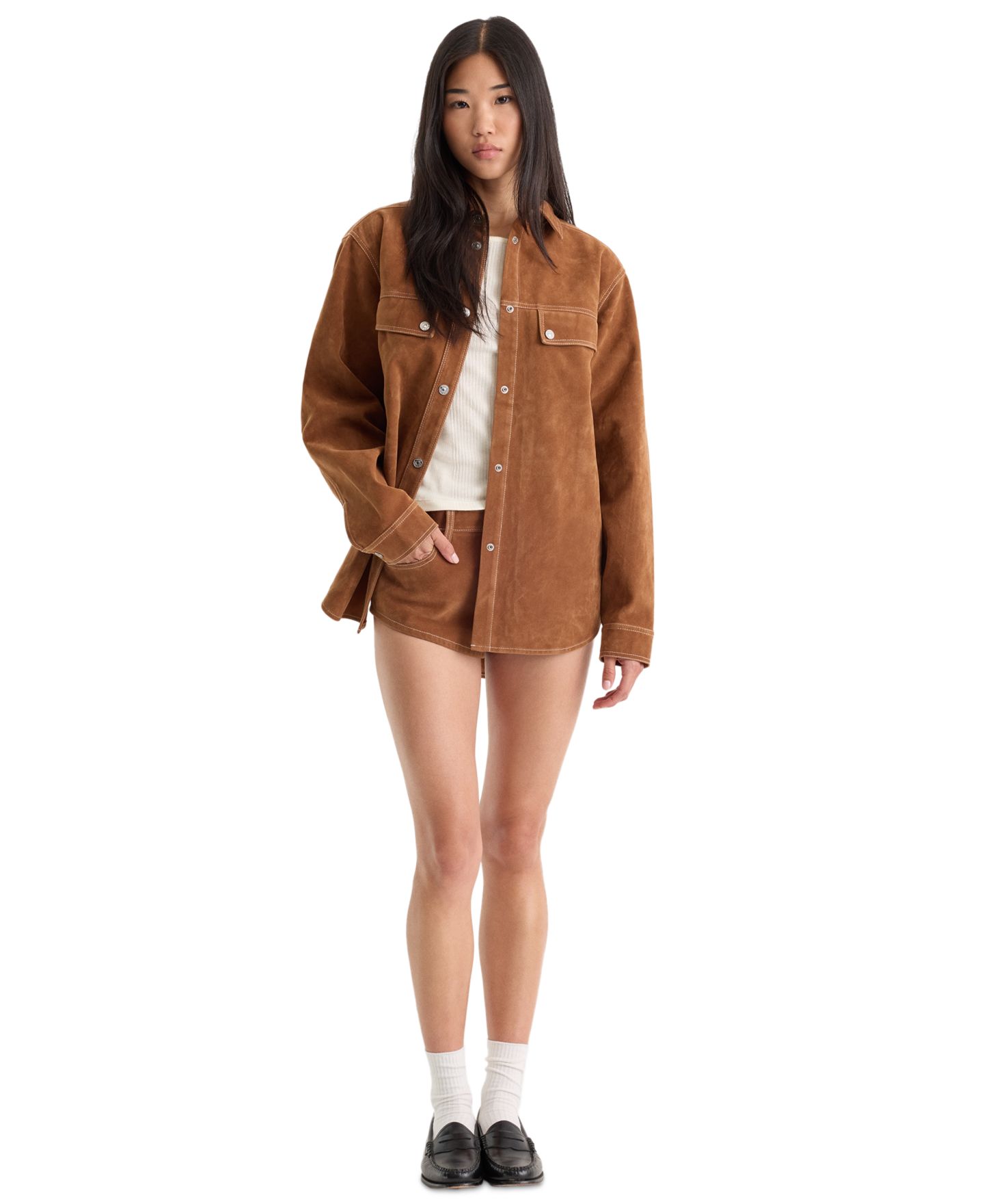 Женская рубашка Good American Faux Suede Collared Button-Front Overshirt, цвет: Глиняный — фото 2
