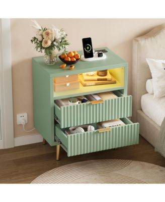 2 Drawer Dresser, 23.6" Wooden Cabinet with LED and Charging, Fluted Nightstand Handle, Modern Storage for Closet, Living Room, Hallway