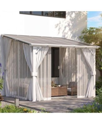 10' x 8'Wall Mounted Hardtop Gazebo Lean to Metal Pergola with Curtains Netting Patio