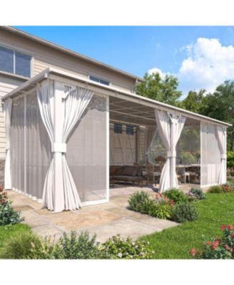 20' x 12'Wall Mounted Hardtop Gazebo Lean to Metal Pergola with Curtains Netting Patio