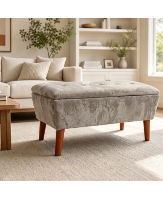  42" Rectangular Linen Ottoman Bench with Solid Wood Tapered Legs