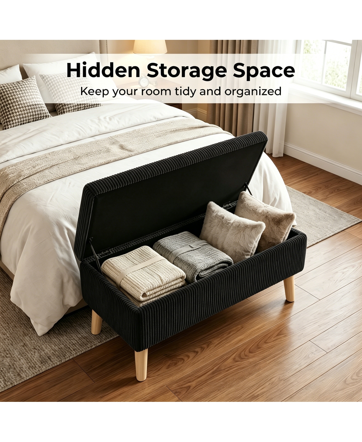 Streamdale Furniture 32" Corduroy Flip-Top Storage Ottoman Bench with Wooden Legs