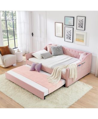 Upholstered Full-Size Convertible Daybed with Trundle and Side Storage