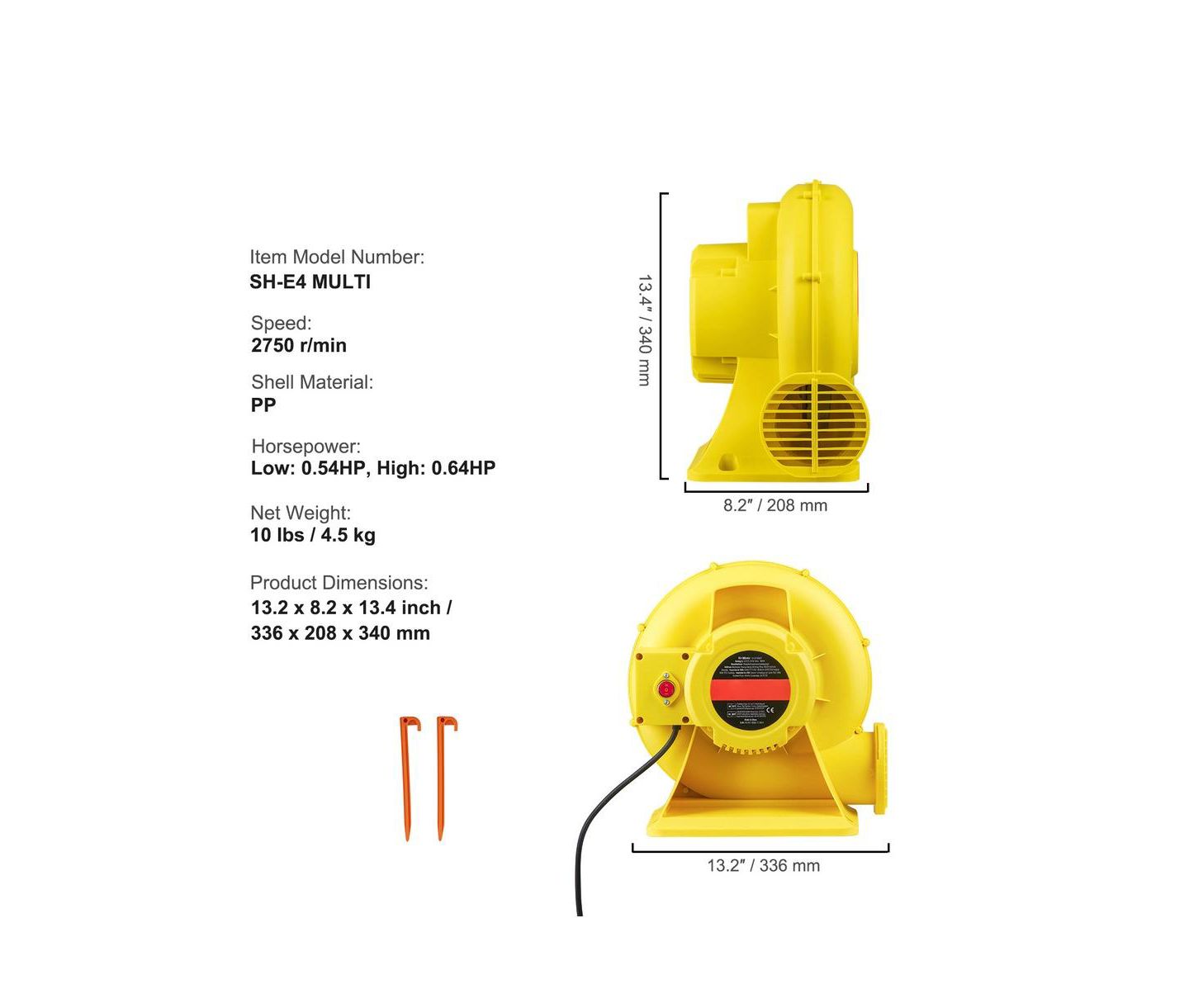 Детские игрушки SUGIFT 450W Inflatable Bounce House Blower Pump Fan with 1750Pa Wind Pressure, цвет: Жёлтый — фото 7