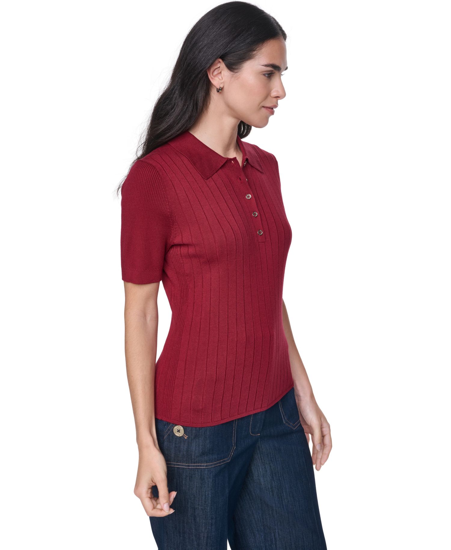Women's Short-Sleeve Polo Ribbed Sweater