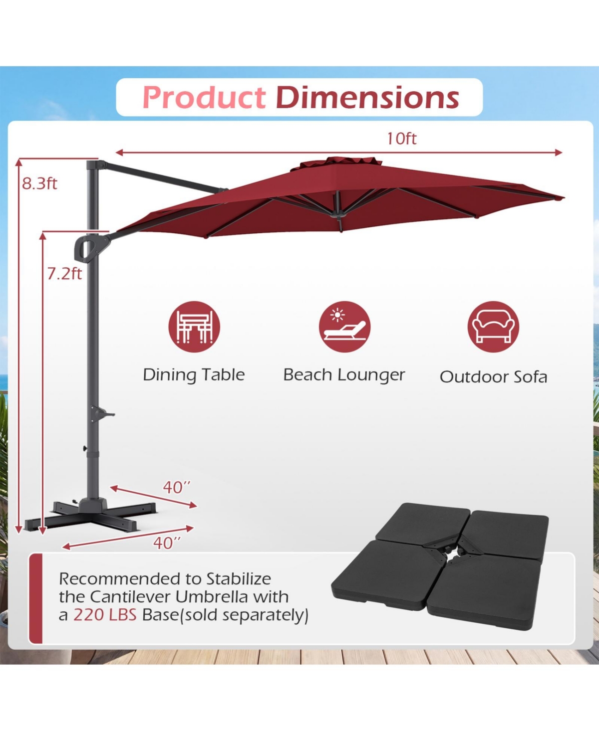 Sugift Offset Cantilever Patio Umbrella with Six-Angle Tilt and 360 Rotation