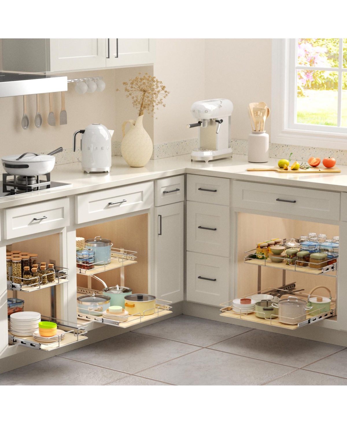 Lovmor 2 Tier Individual Pull Out Cabinet Organizer D Slide Wood Shelves Storage for Kitchen