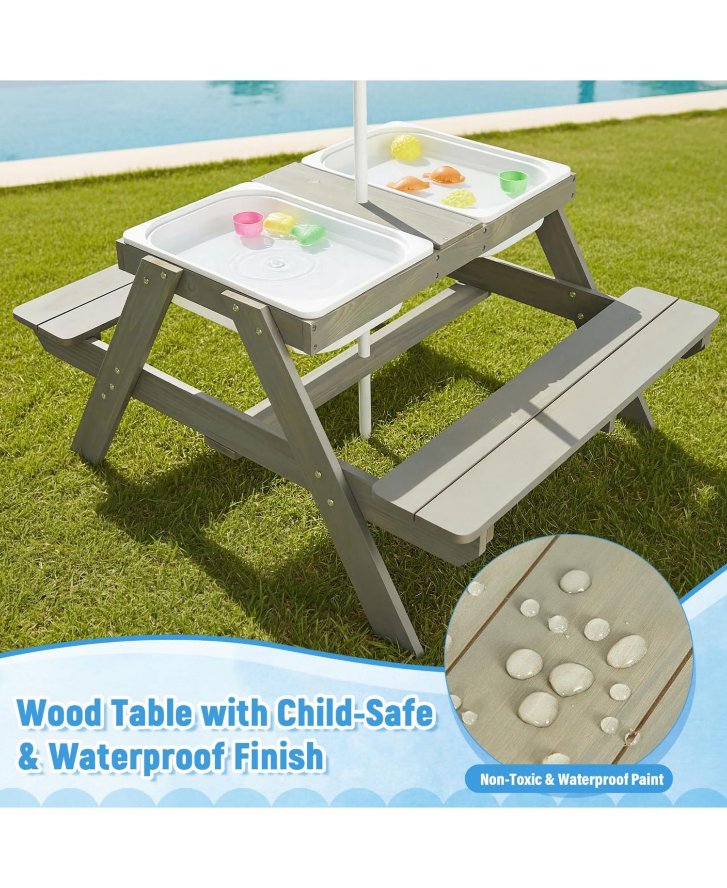 4 in 1 Kids Sand and Water Table, Wooden Sensory Activity Table with Removable Umbrella for Toddlers