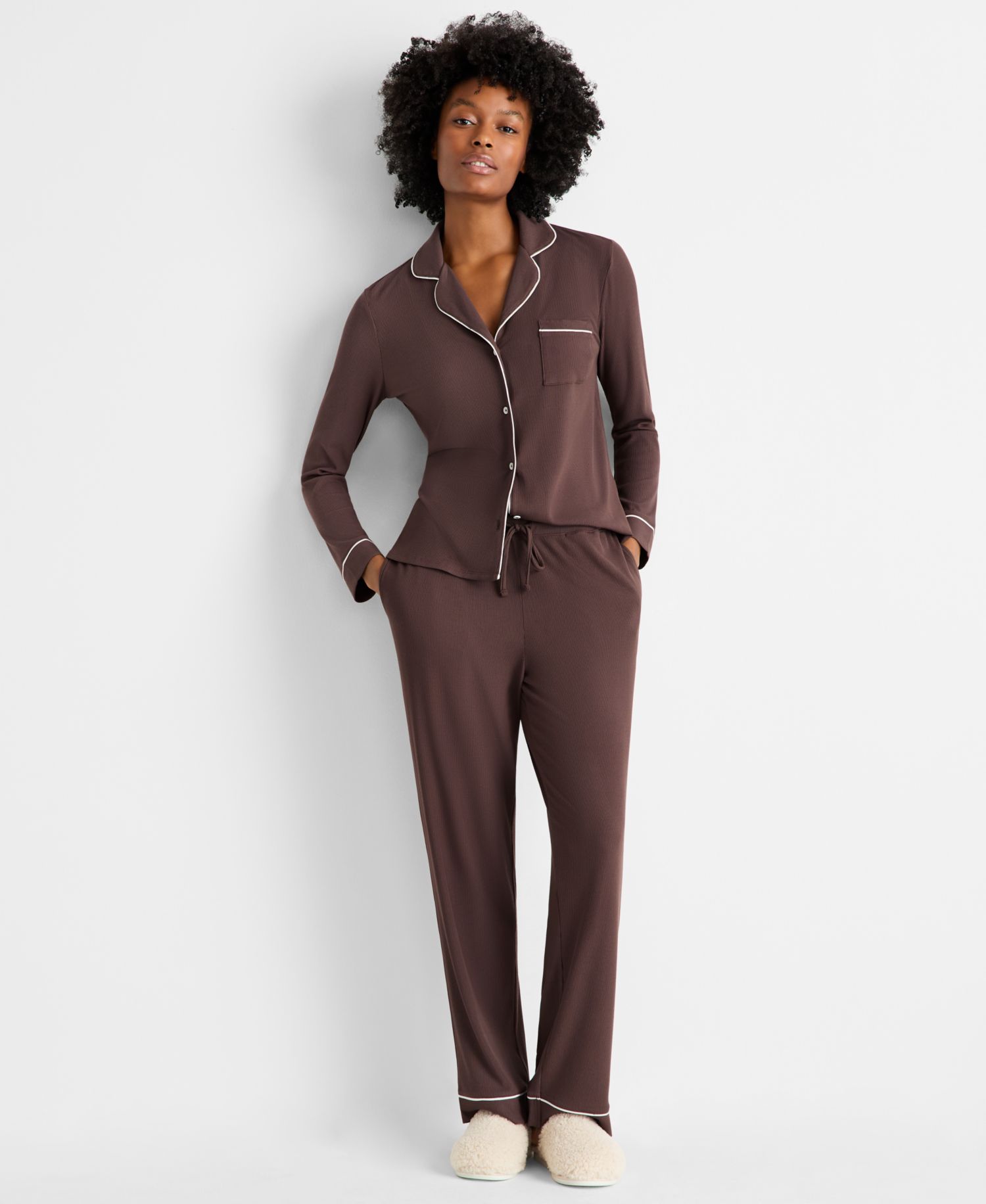Women's 2-Piece Packaged Ribbed Notched-Collar Pajama set XS-3X