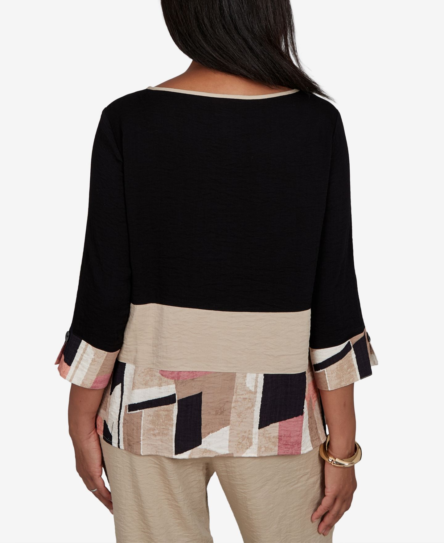 Женский топ Alfred Dunner Travel Advisory Spliced Patchwork Woven, цвет: Нейтральный разноцветный — фото 5