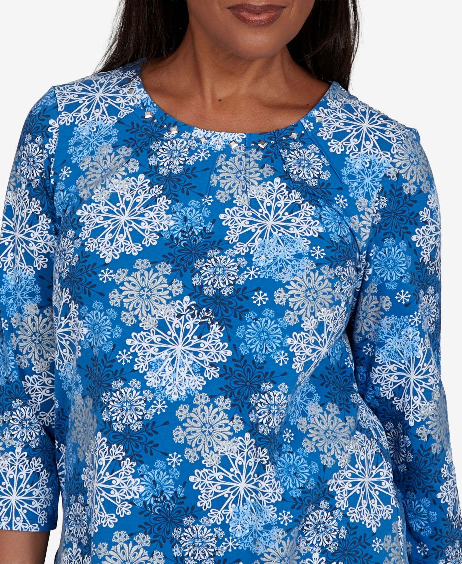 Women's Classic Blue Snowflake Print Knit Top