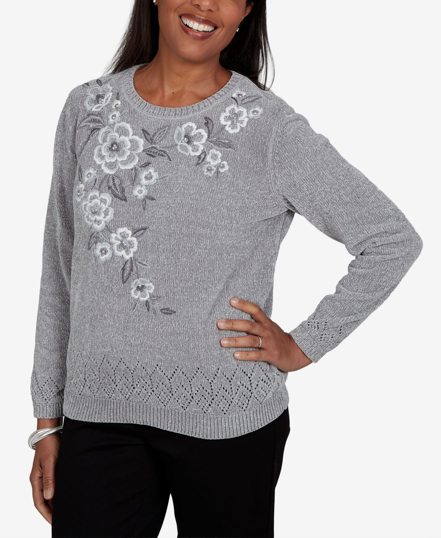 Women's Classic Embroidered Floral Textured Chenille Sweater