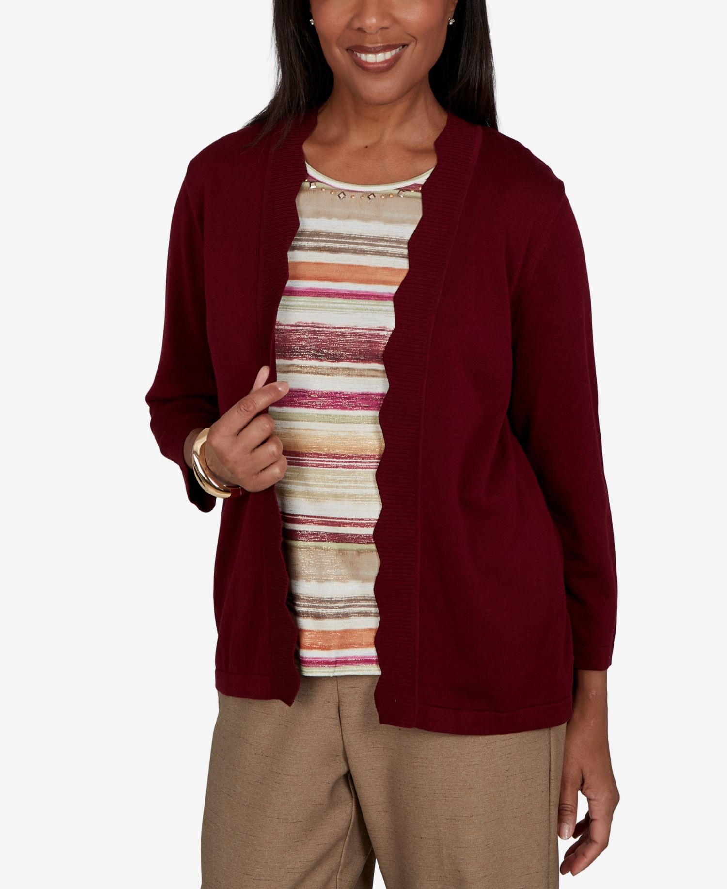 Women's Union Square Scalloped Cardi Two In One Striped Sweater