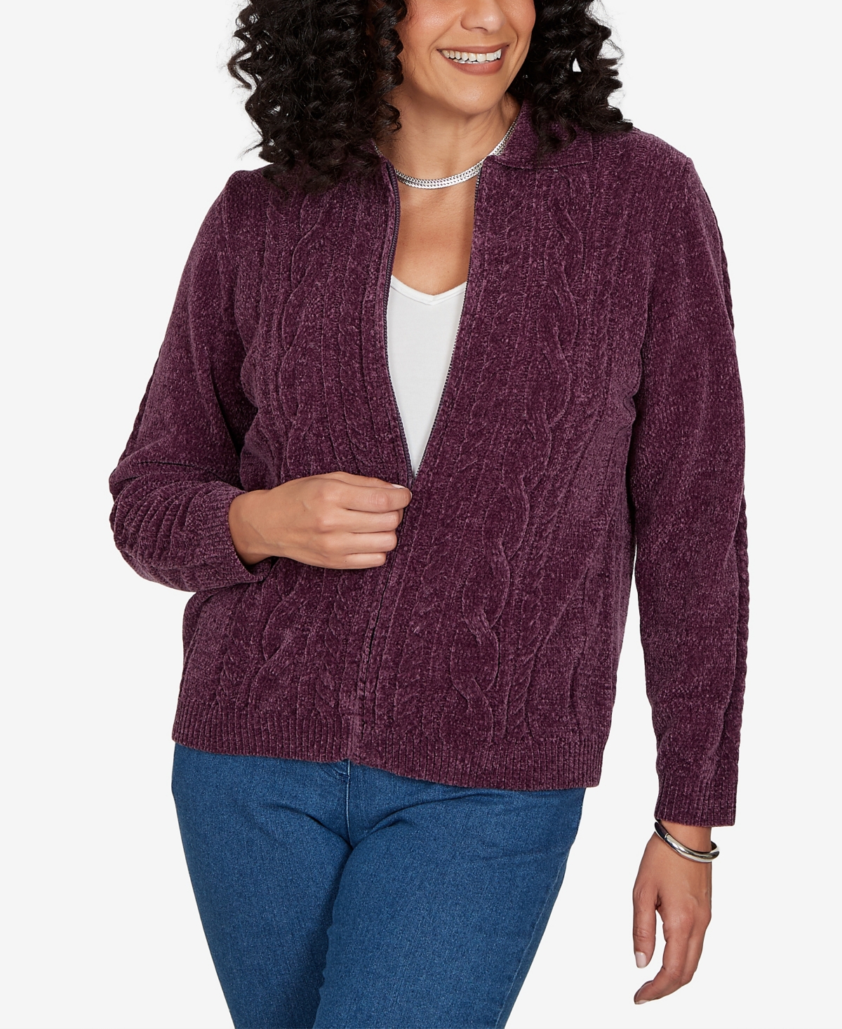 Alfred Dunner Women's Classic Cable Chenille Zip Cardigan Sweater