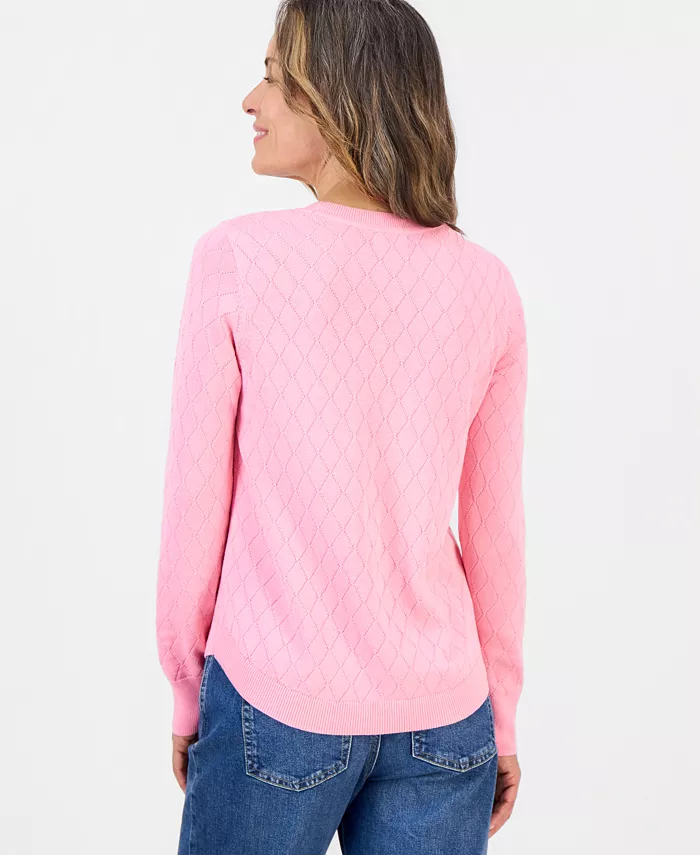 Petite Solid Curved Hem Crew Long-Sleeve Mixed-Textured Stitch Sweater - thumbnail 2