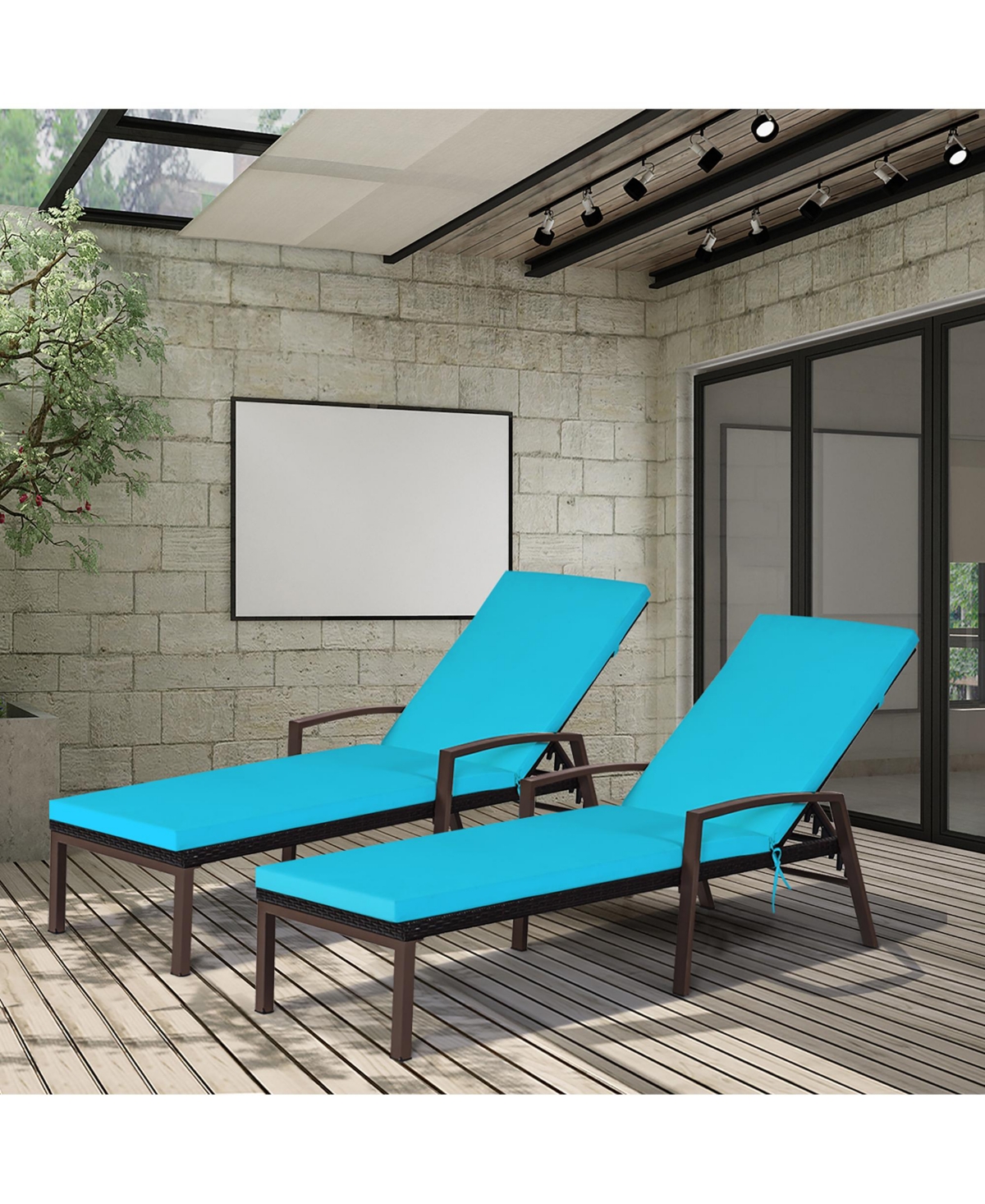 Costway 2PCS Patio Rattan Lounge Chair Chaise Recliner Back Adjustable Cushioned