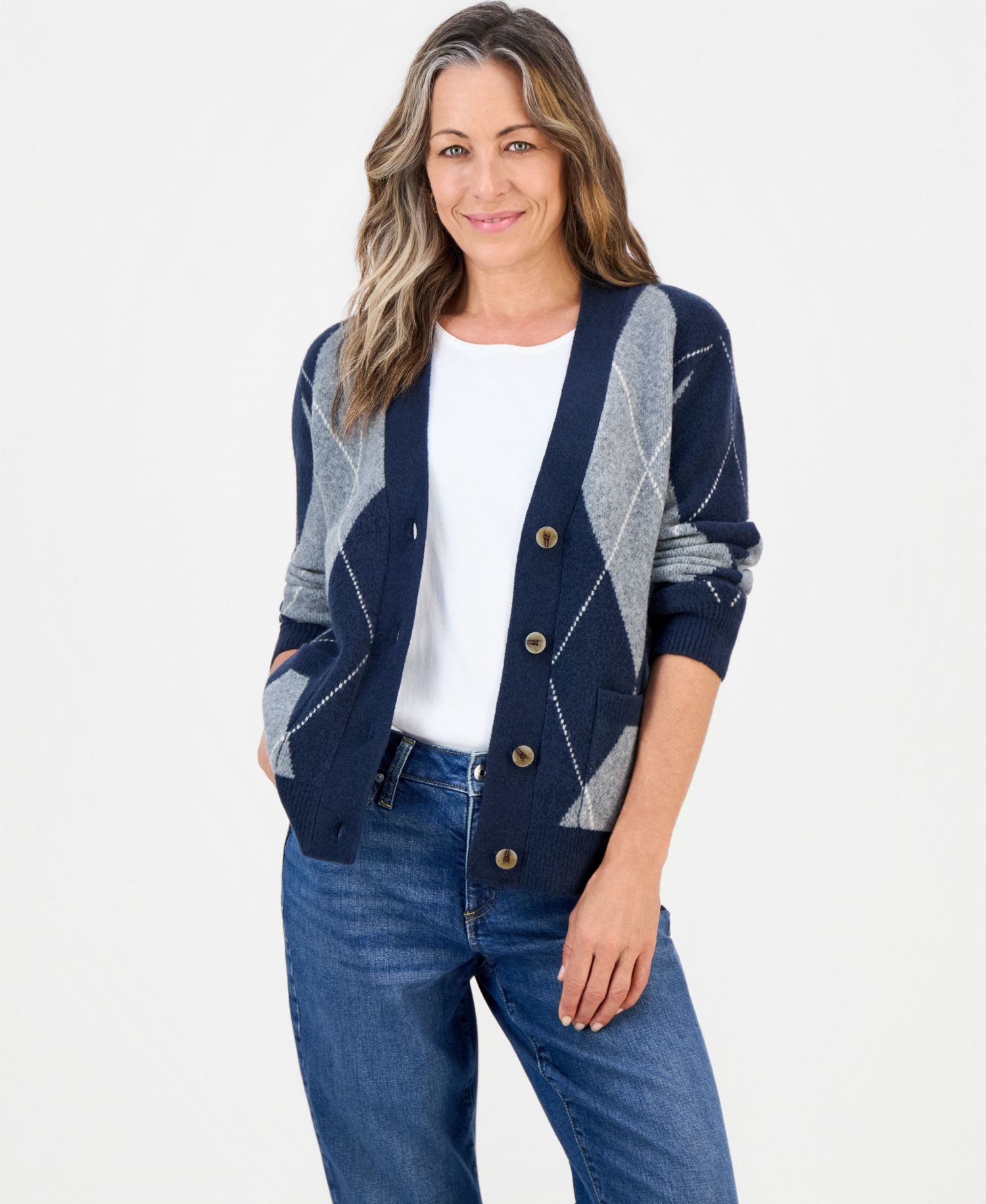Petite Argyle V-Neck Button-Front Cardigan, Macy's Exclusive