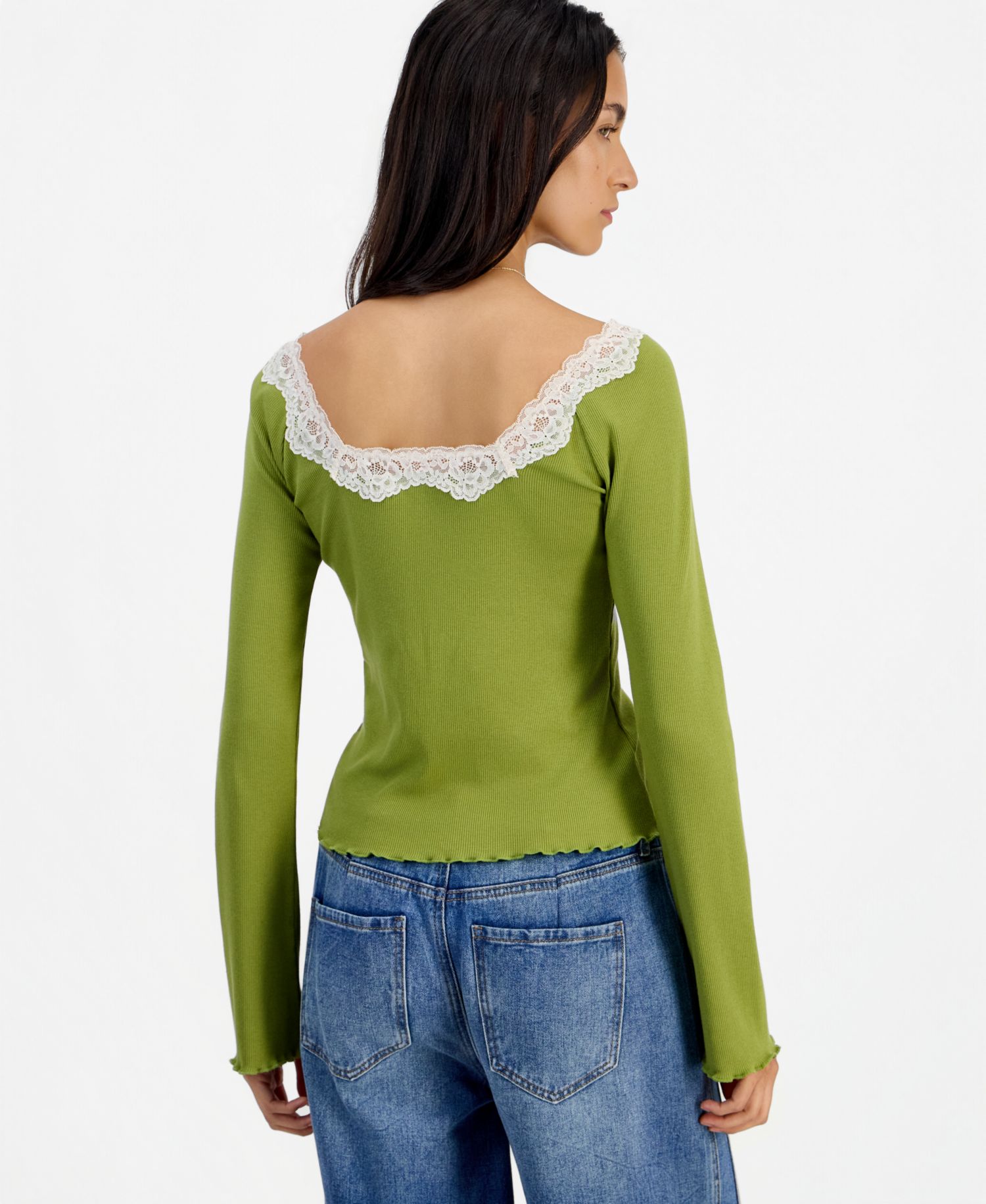 Petite Lace-Trim Scoop-Neck Long-Sleeve Top