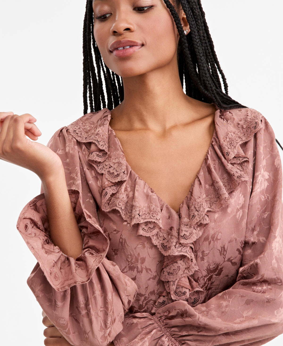 And Now This Petite V-Neck Ruffle Satin Jacquard Blouse, Macy's Exclusive