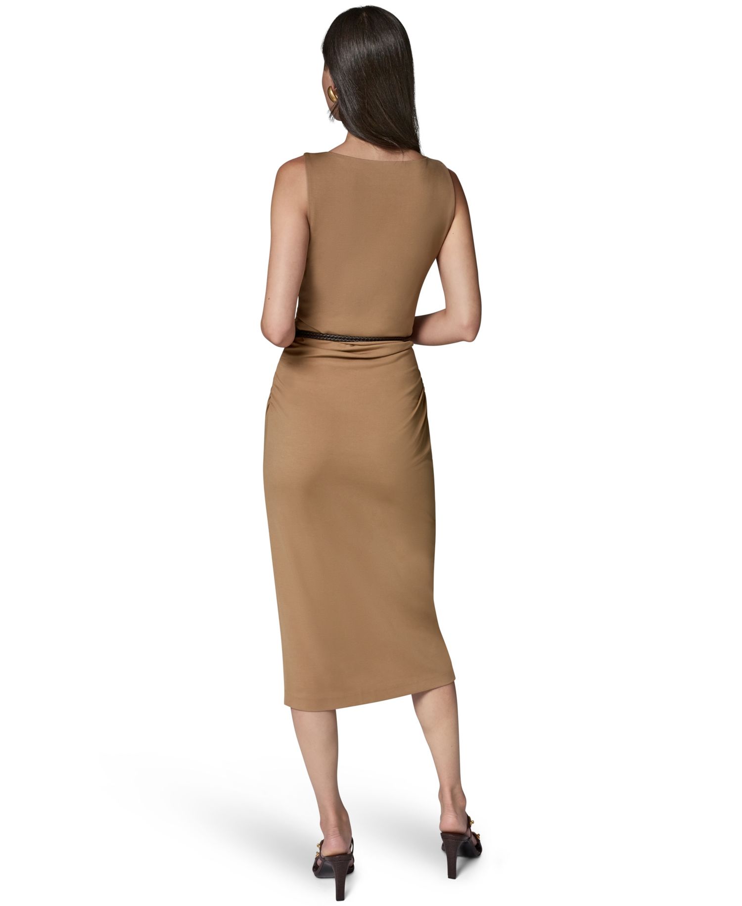 Sleeveless Boat Neck Ponte Belted Midi Sheath Dress
