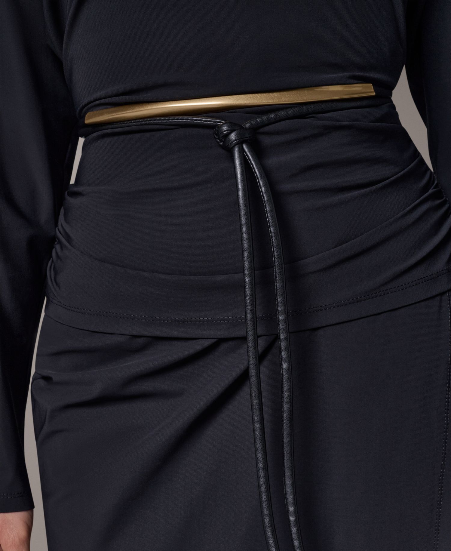 Two-Piece Long-Sleeve Draped Top & Pencil Skirt Set with Belt