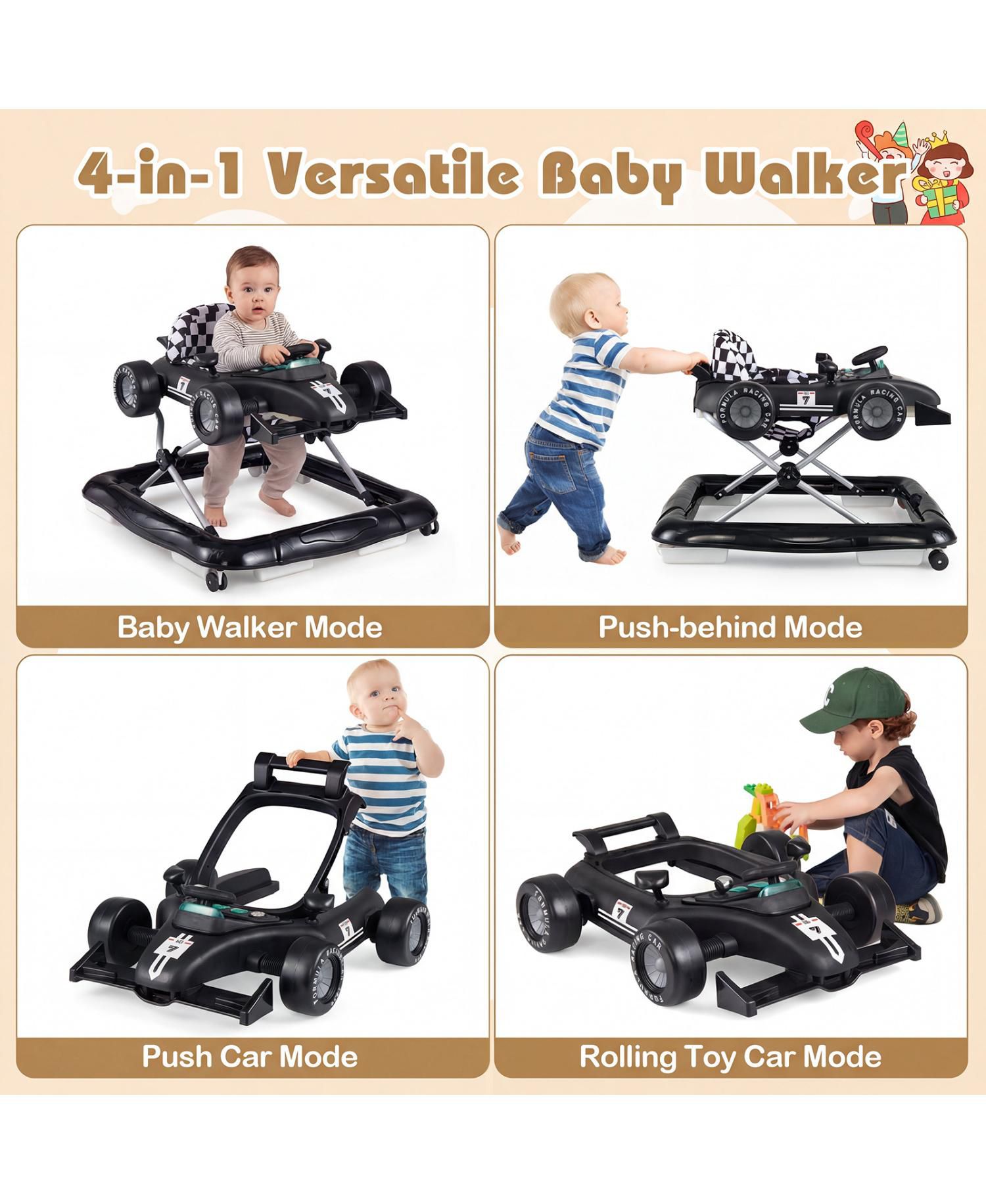 Toddler 4-in-1 Push Walker Activity Center Height Adjustable with Music