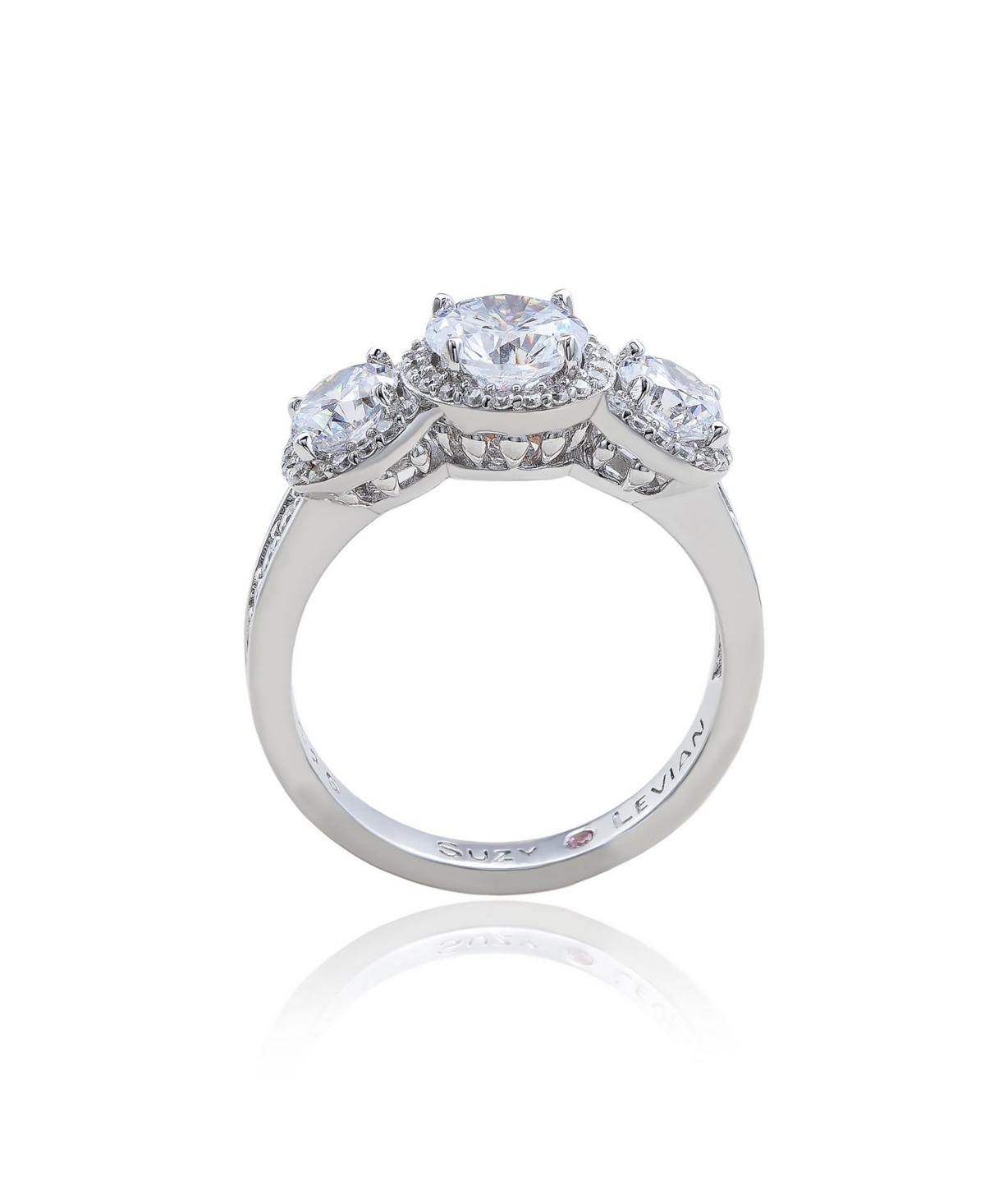 Suzy Levian Sterling Silver Cubic Zirconia White Three Stones Halo Center Stone Ring