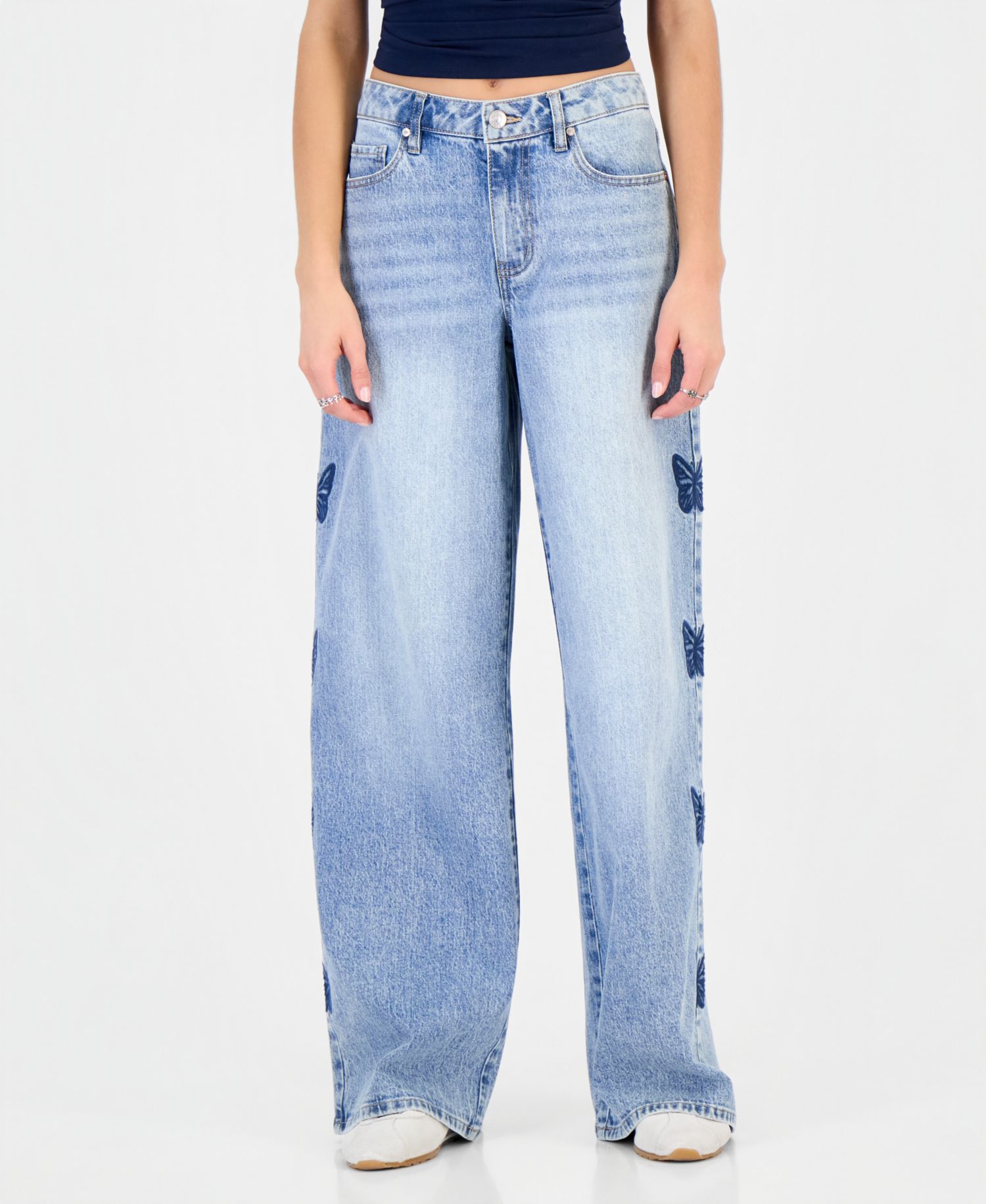 Juniors' 90s Skater High-Rise Wide-Leg Butterfly Embroidery Jeans