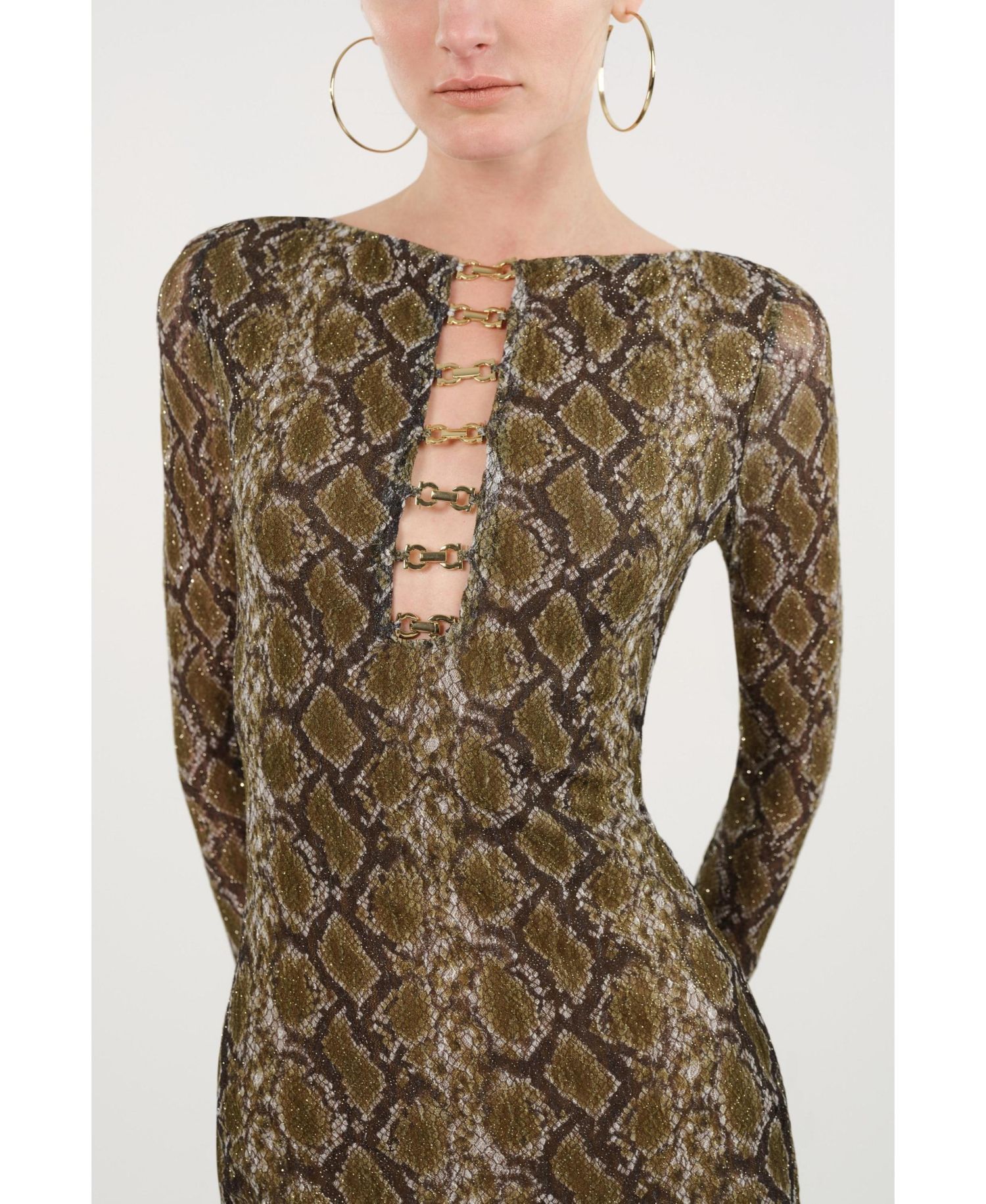 Women's Snake Print Ring Detail Long Sleeve Maxi Dress