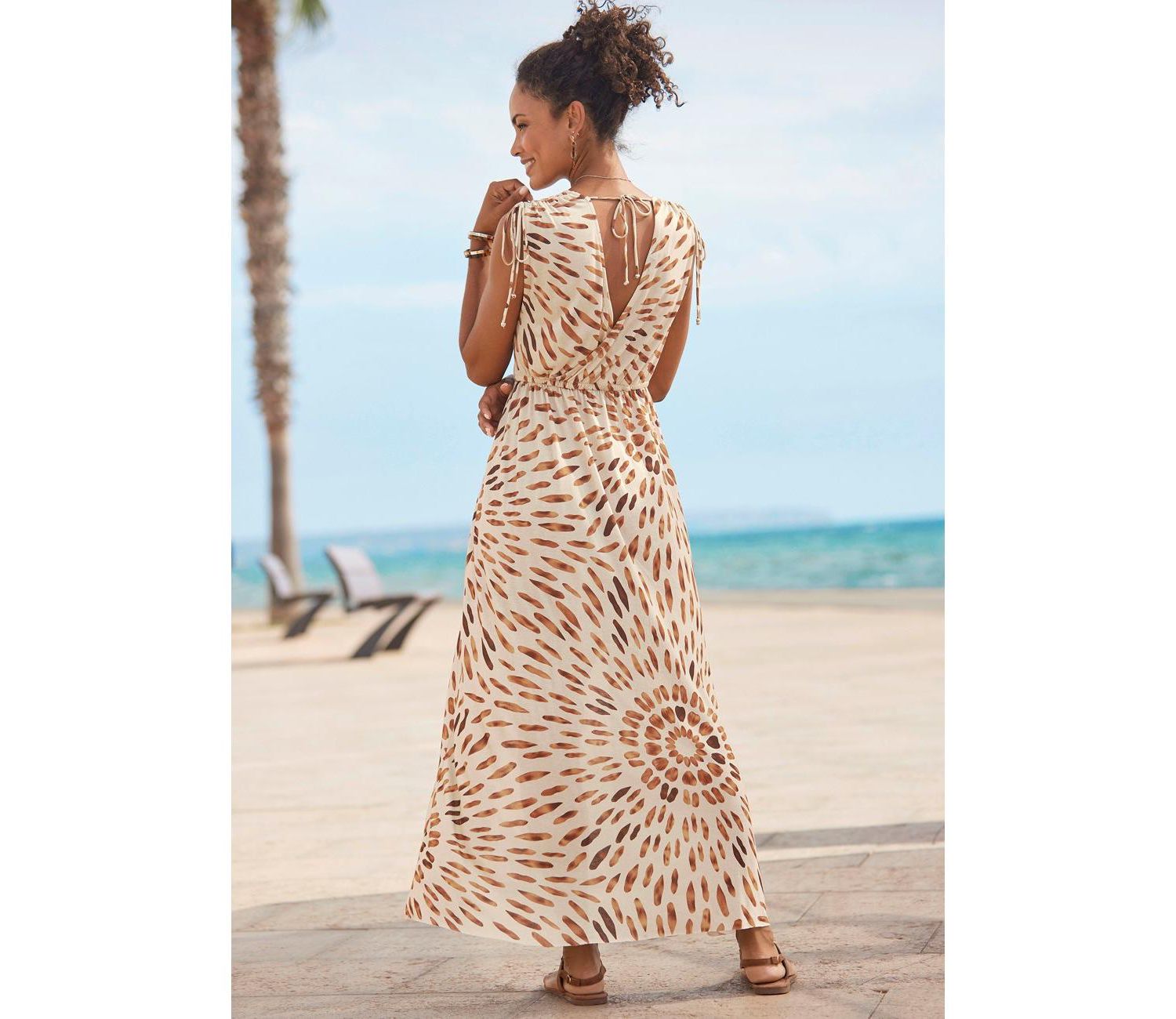 Women's Viscose Printed Tie Detail V-Neck Elastic-Waist Maxi Dress