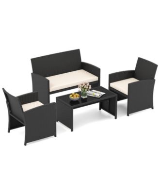 4 Pieces Patio Furniture Set with Tempered Glass Tabletop and Removable Cushion