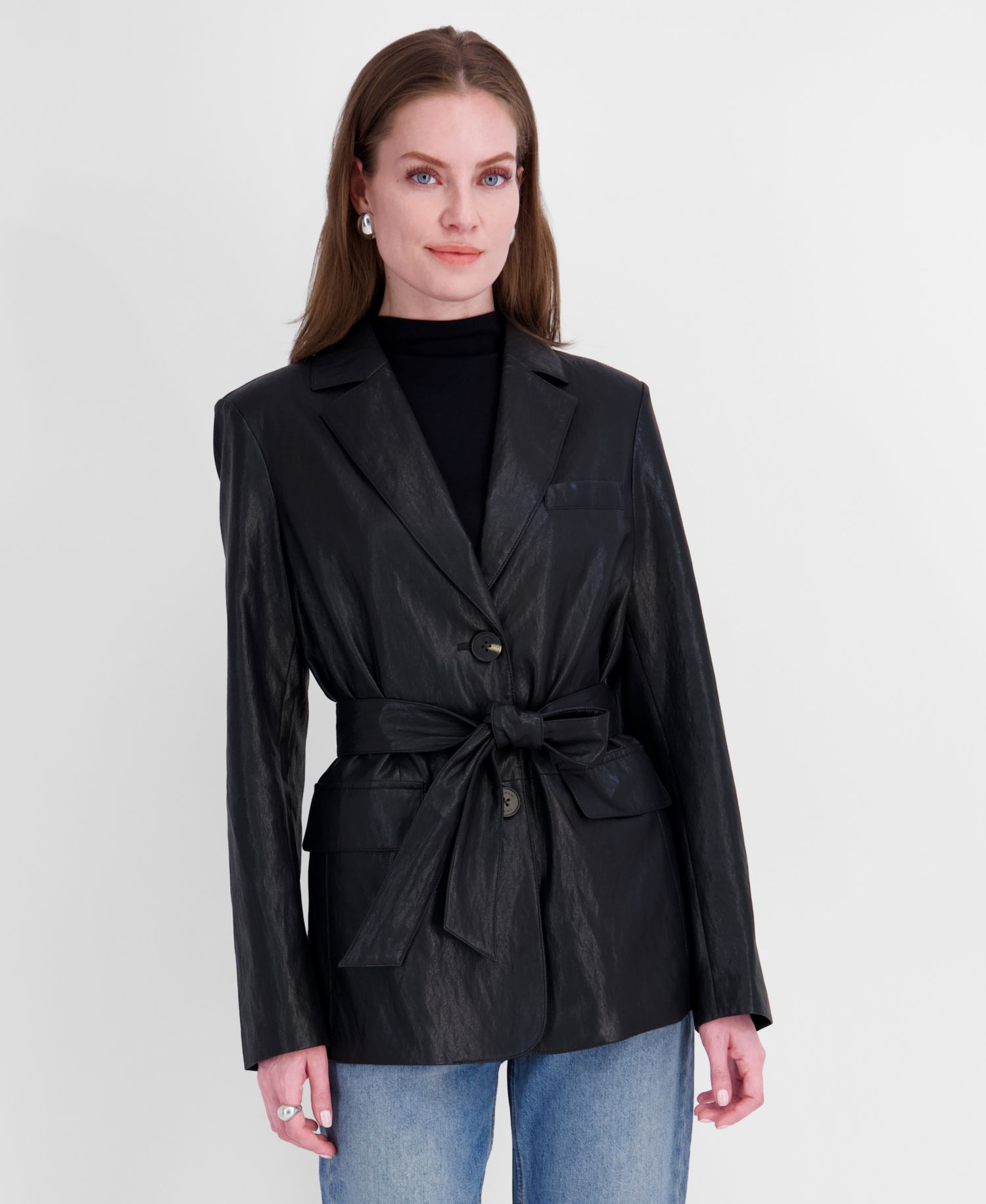 Petite Belted Faux-Leather Trench Coat