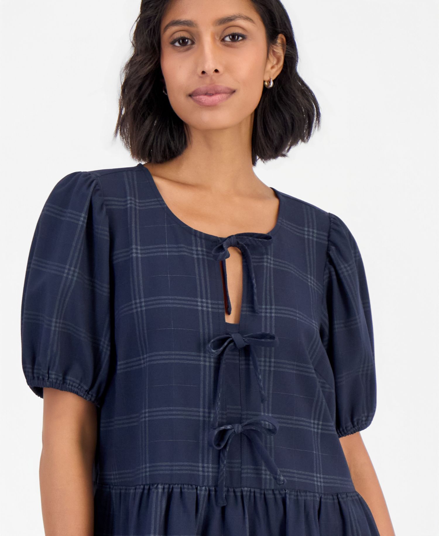 Women's Bow Front Plaid Puff-Sleeve Mini Dress