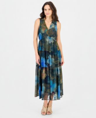 Women's Sl Tiered Maxi Sleeveless V-Neck Floral-Print Dress