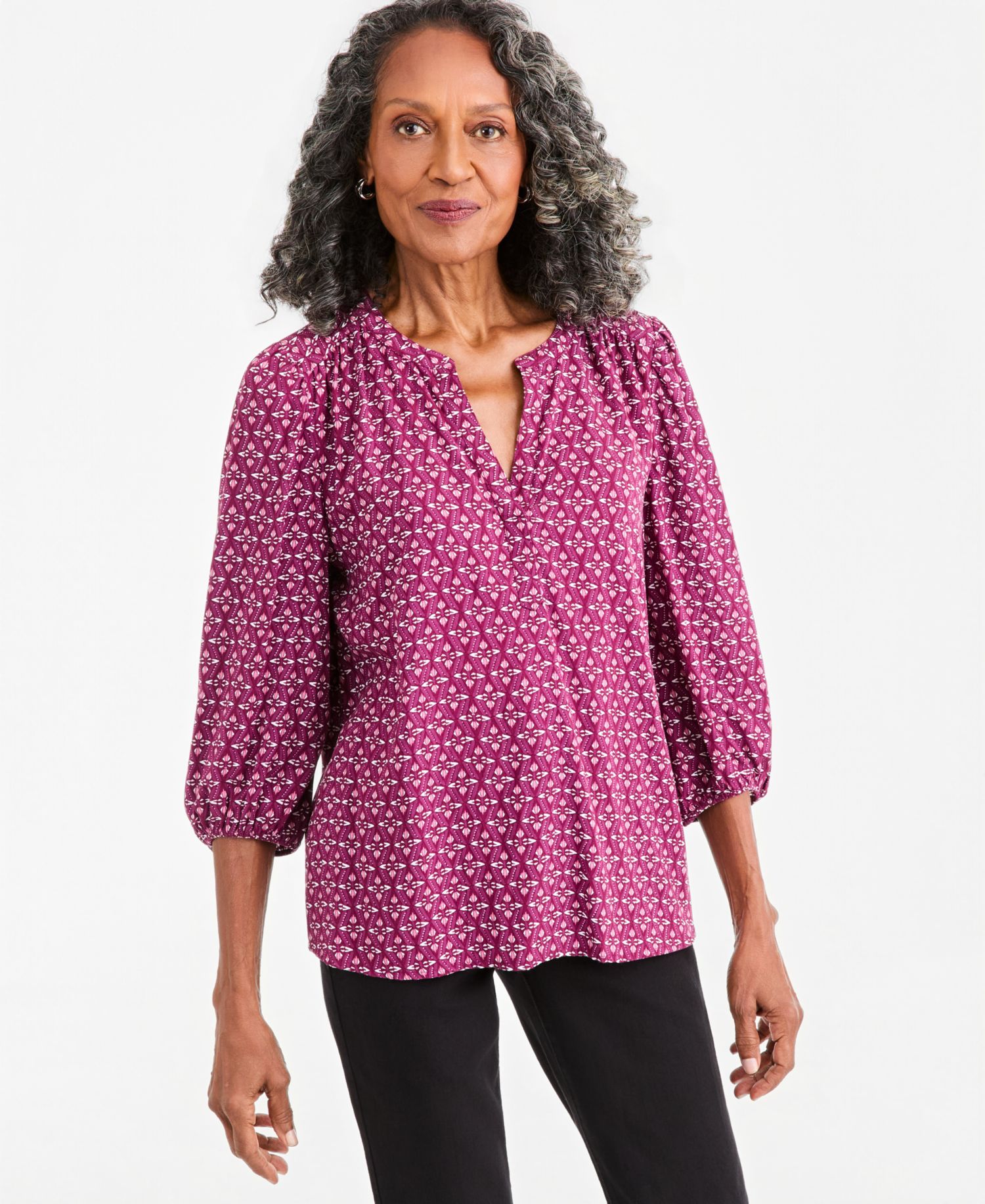 Petite Printed Volume-Sleeve Blouse