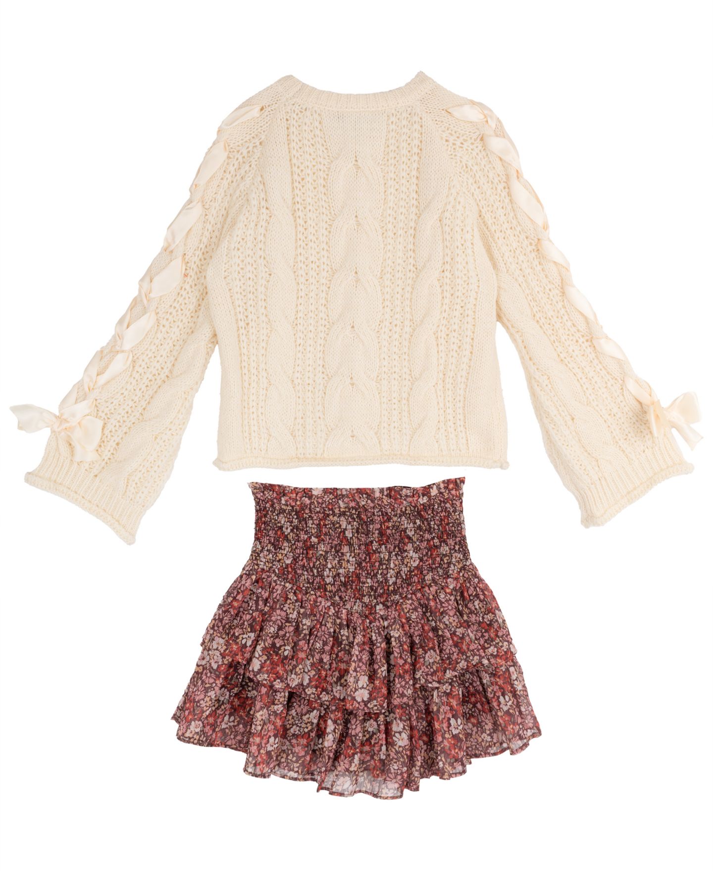 Tween Diva Girls' 7-12 Cable-Knit Sweater and Floral Lurex Chiffon Skort, 2-Piece Set, цвет: Бежевый — фото 2