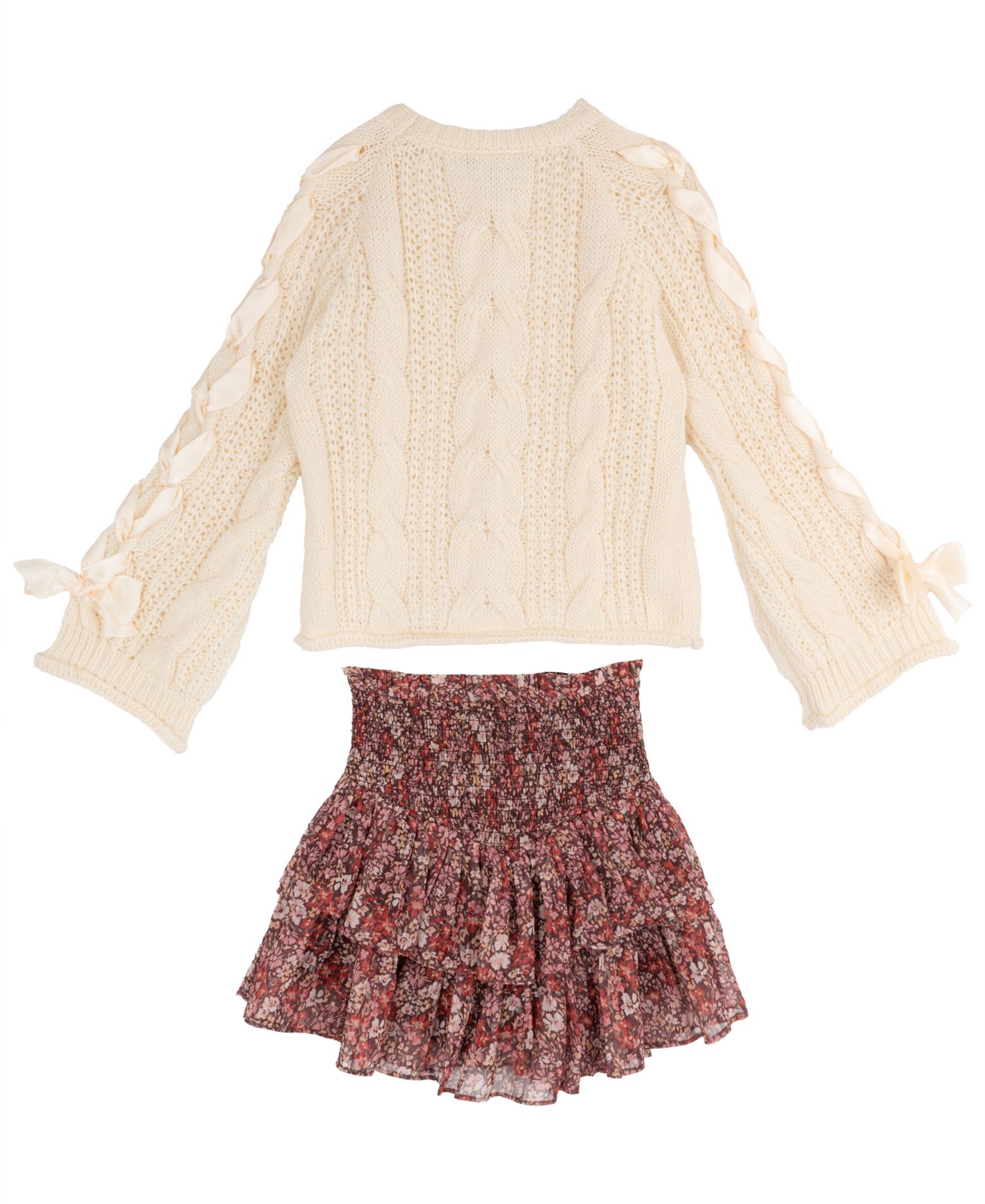 Girls' 7-12 Cable-Knit Sweater and Floral Lurex Chiffon Skort, 2-Piece Set
