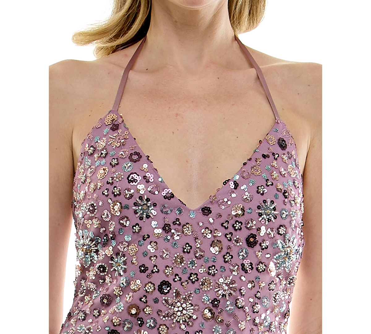 Rare Juniors' Beaded Sequin Halter A-Line Mini Dress