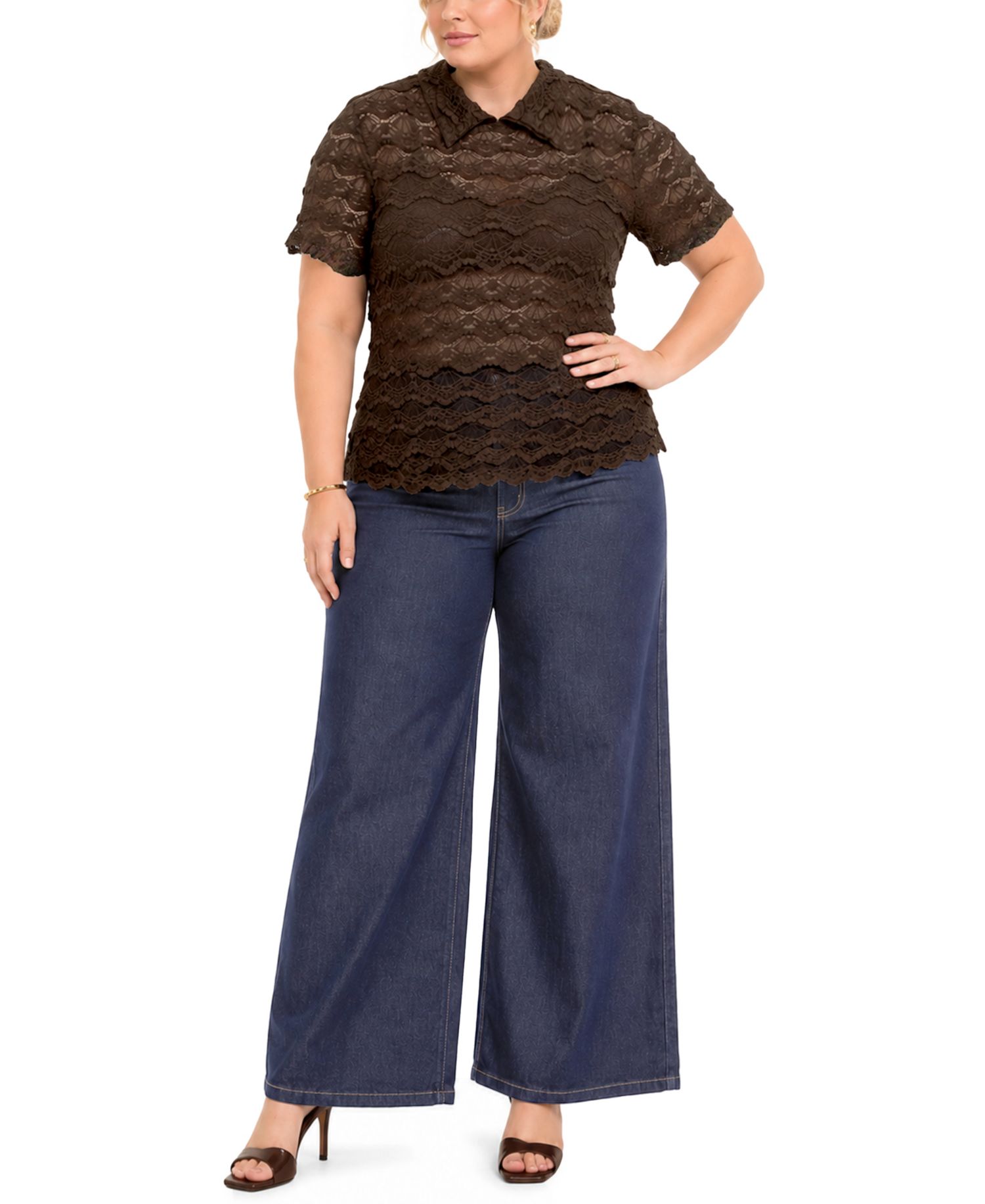 Plus Size Scallop Edge Lace Short-Sleeve Top