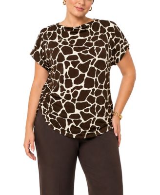 Plus Size Giraffe-Print Cowl-Neck Rolled-Short-Sleeve Top
